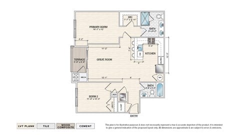 Floor plan for 2 beds, 2 baths, 1065 sqft